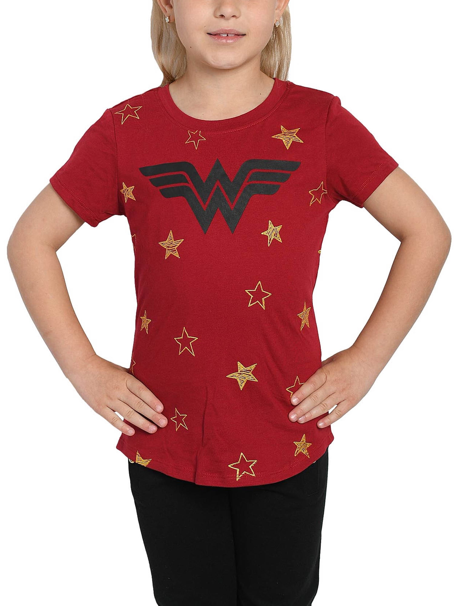 Wonder Woman Gold Foil Striped Sleeves Red Juniors T-shirt Tee DC Comics