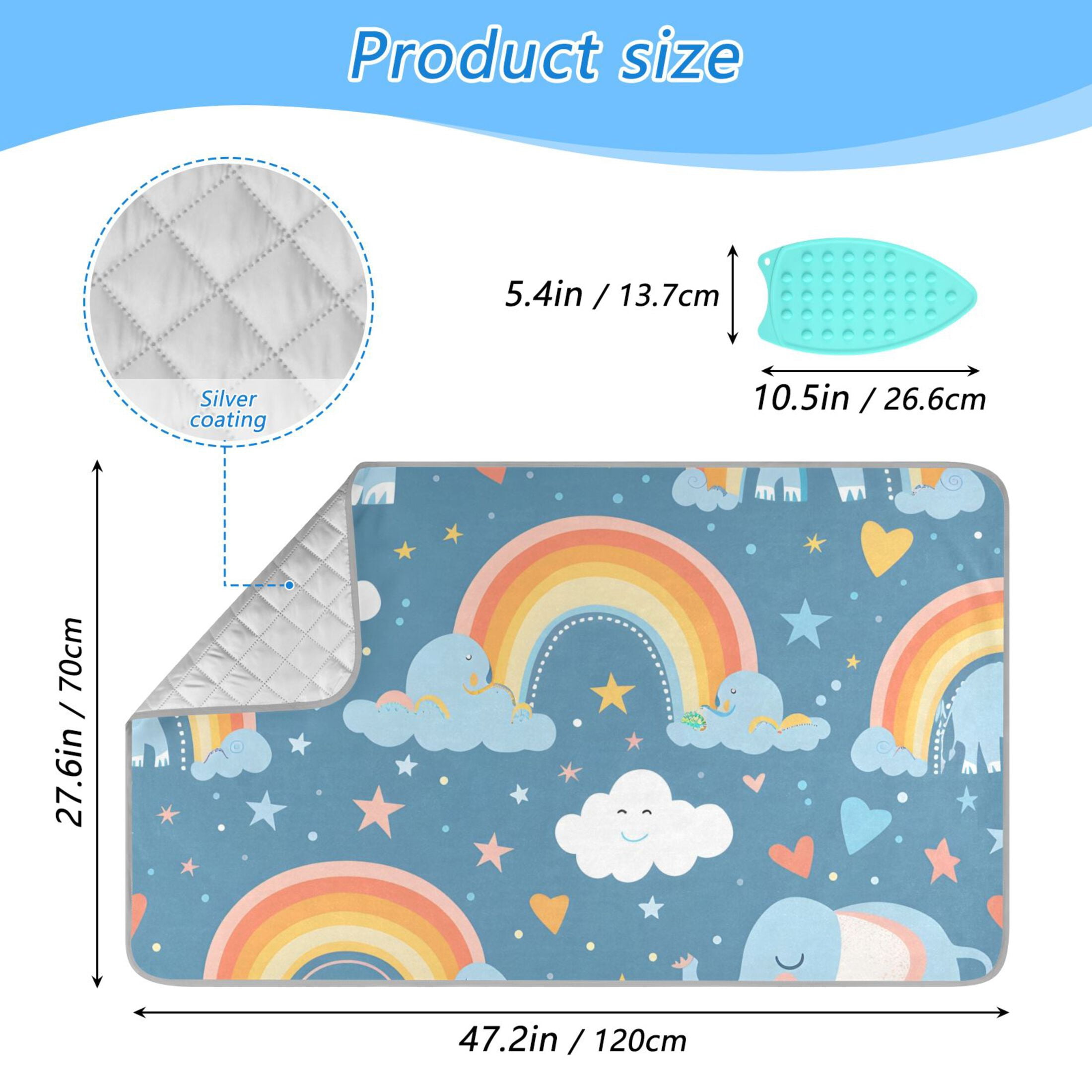 Cute Elephants Clouds Rainbows Hearts Stars Ironing Mat Blanket Portable Travel Ironing Pad Heat Resistant Pad 47.2" x 27.6”