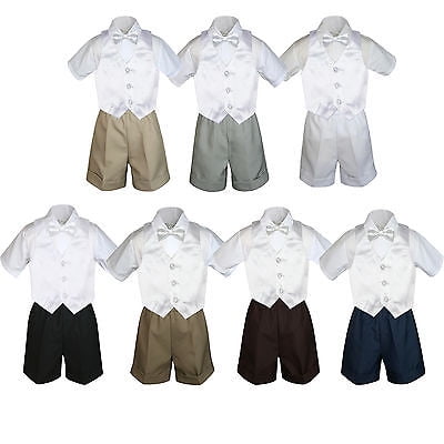 

4pc Set Boy Toddler Formal White Vest and Bow tie White Khaki Shorts S-4T