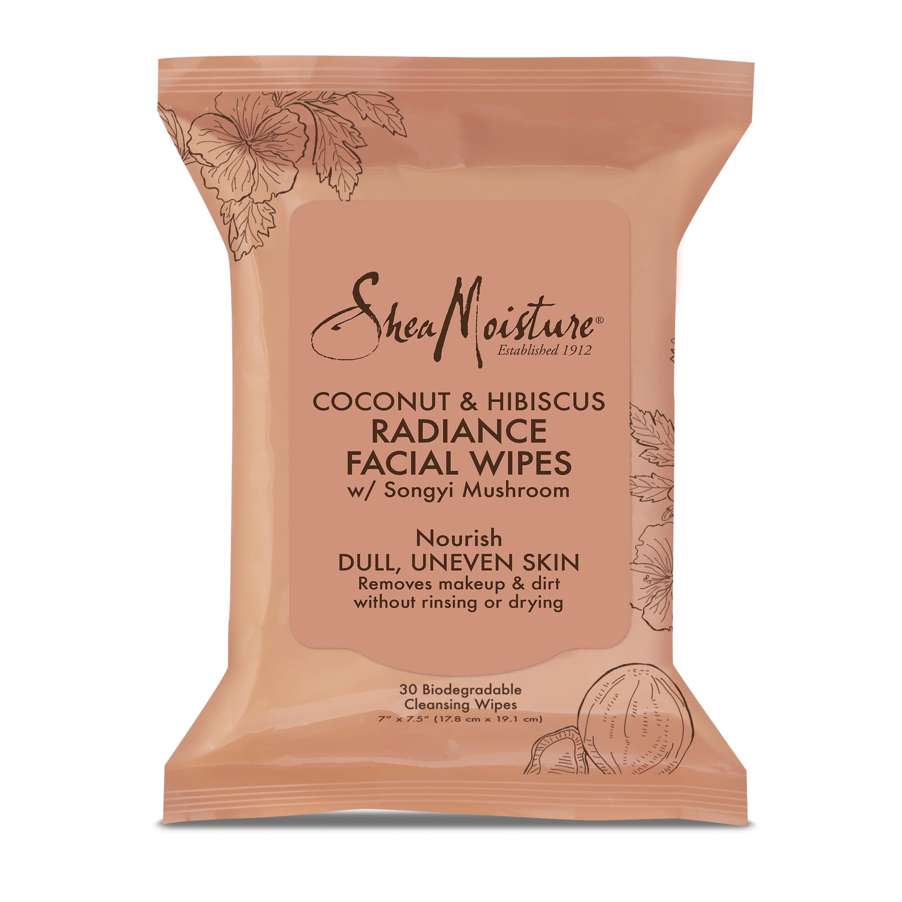 SheaMoisture Radiance Facial Wipes for Dull Skin Coconut and Hibiscus Paraben Free Skin Care 30 Count