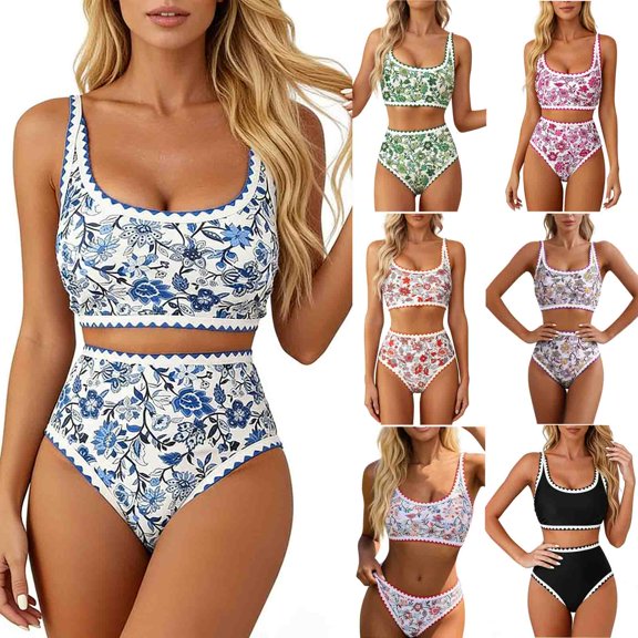 Women's 2 Piece Swimwear Crew Neck Cropped Halter High Waist Trunks Print Stylish Stretchy Bathing Suit (XL, Blue)