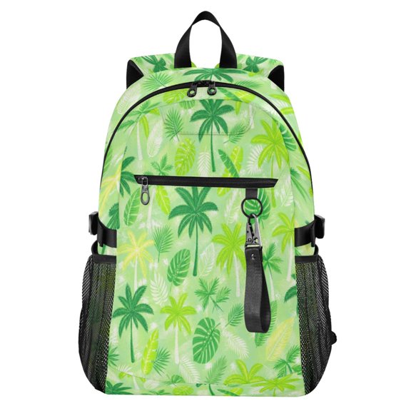 Full‑Print Casual Laptop Backpack, 20L Water‑Resistant Twill Tote Daypack with 14 Inch Computer Compartment for School Business Travel Tropical Palm Green Repeat