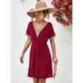 thumbnail image 3 of Women's V Neck Mini Dress with Swiss Dot and Ruffle Neckline Short Sleeves A Line Hem 95% Polyester 5% Spandex, 3 of 12