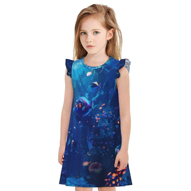 Fotbe Deep Sea Glowing Fishes Vestido de Dormir para Niñas de 3 a 10 Años, Mangas Cortas, Estilo Princesa, Pijama Camisón con Mangas Voladas-Large