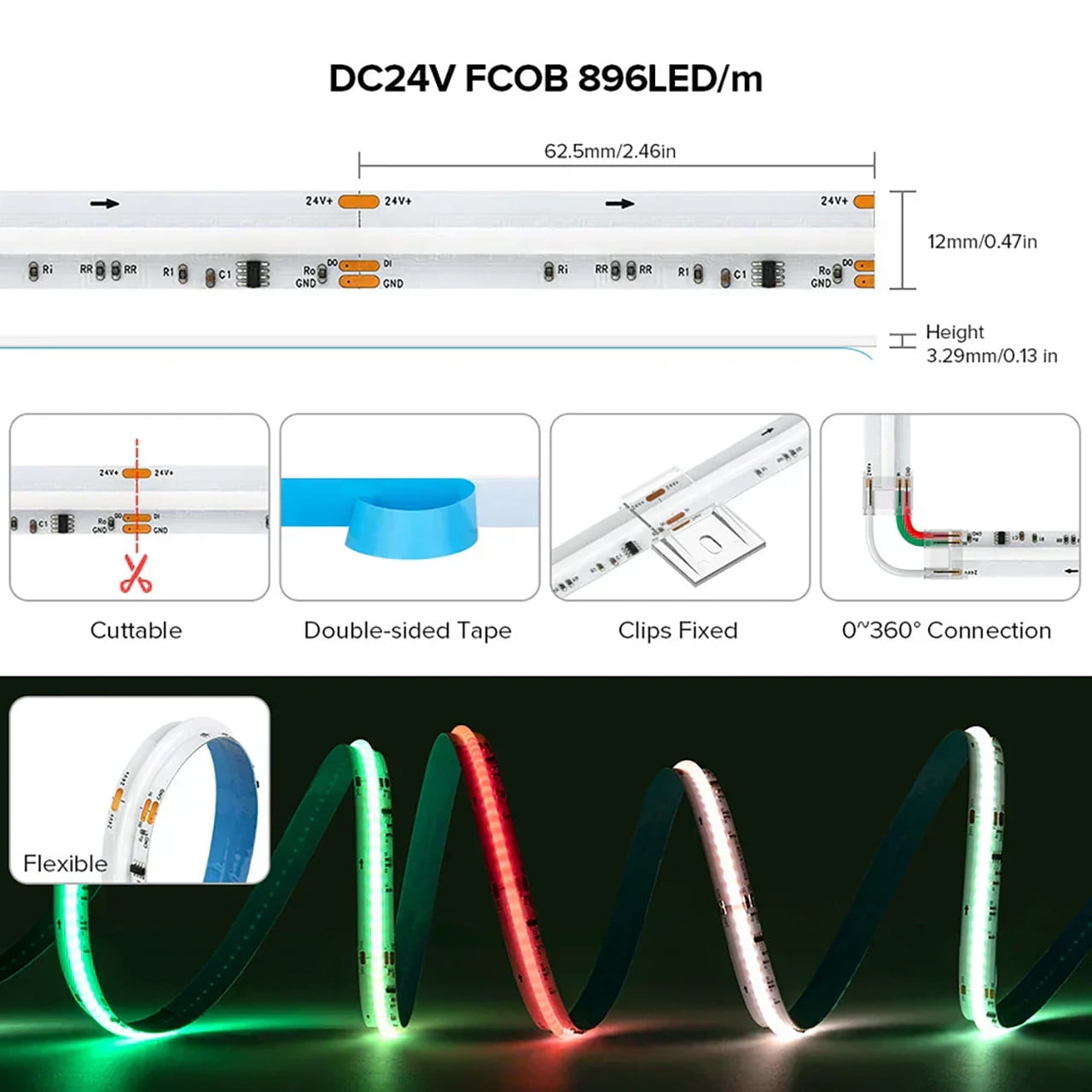 RGB+WW LED Strip Lights - Addressable Color Changing Chasing & Warm White WS2814 IC - 24 Volt - Dotless FCOB - Indoor Use (IP30) - 16.4 Feet