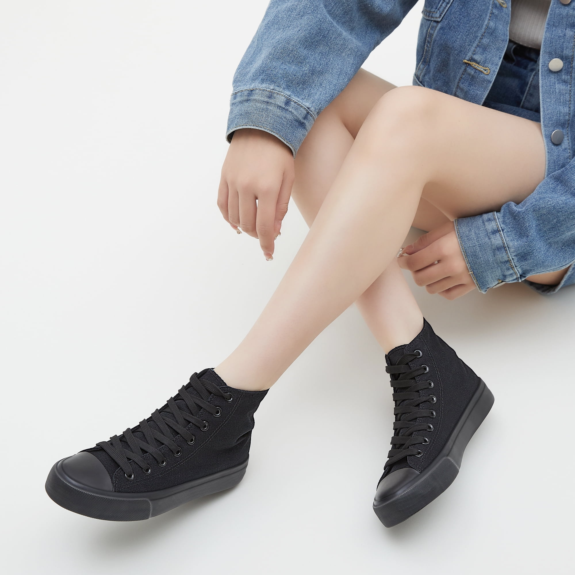 AOMAIS Womens High Top Canvas Sneakers Lace Up Mid Top Canvas Shoes Comfortable Non Slip Walking Shoes Casual Tennis Shoes for Women(ALL Black US7)