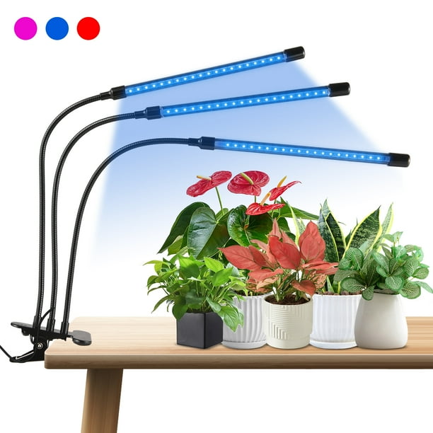 Luces de cultivo LED con lámpara de cultivo de plantas con clip de espectro completo con LED rojo azul para plantas de interior Regulable de 10 niveles con temporizador de 3/9/12H de 3 cabezales