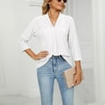 thumbnail image 3 of Pleated V-Neck 3/4 Sleeve Shirt for Women - Turn Down Collar, Pure Color Basic Tee Ideal for Party, Office, or Travel - White, Medium, 3 of 6