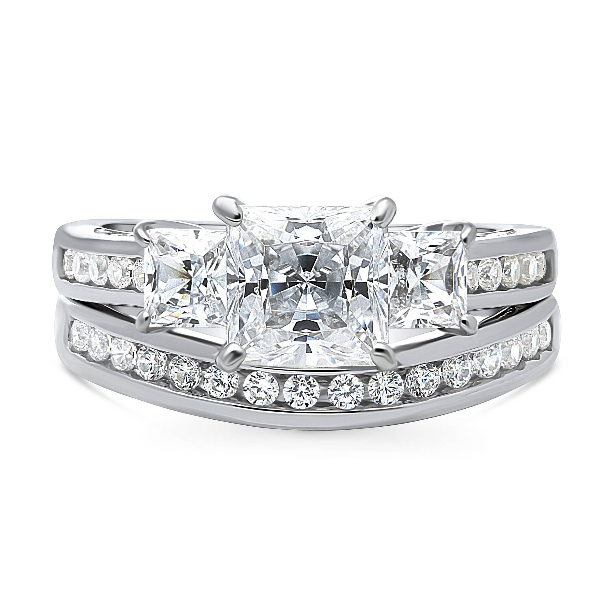 BERRICLE Sterling Silver 3-Stone Wedding Engagement Rings 1.6 Carat Princess Cut Cubic Zirconia CZ Ring Set for Women, Rhodium Plated Size 7