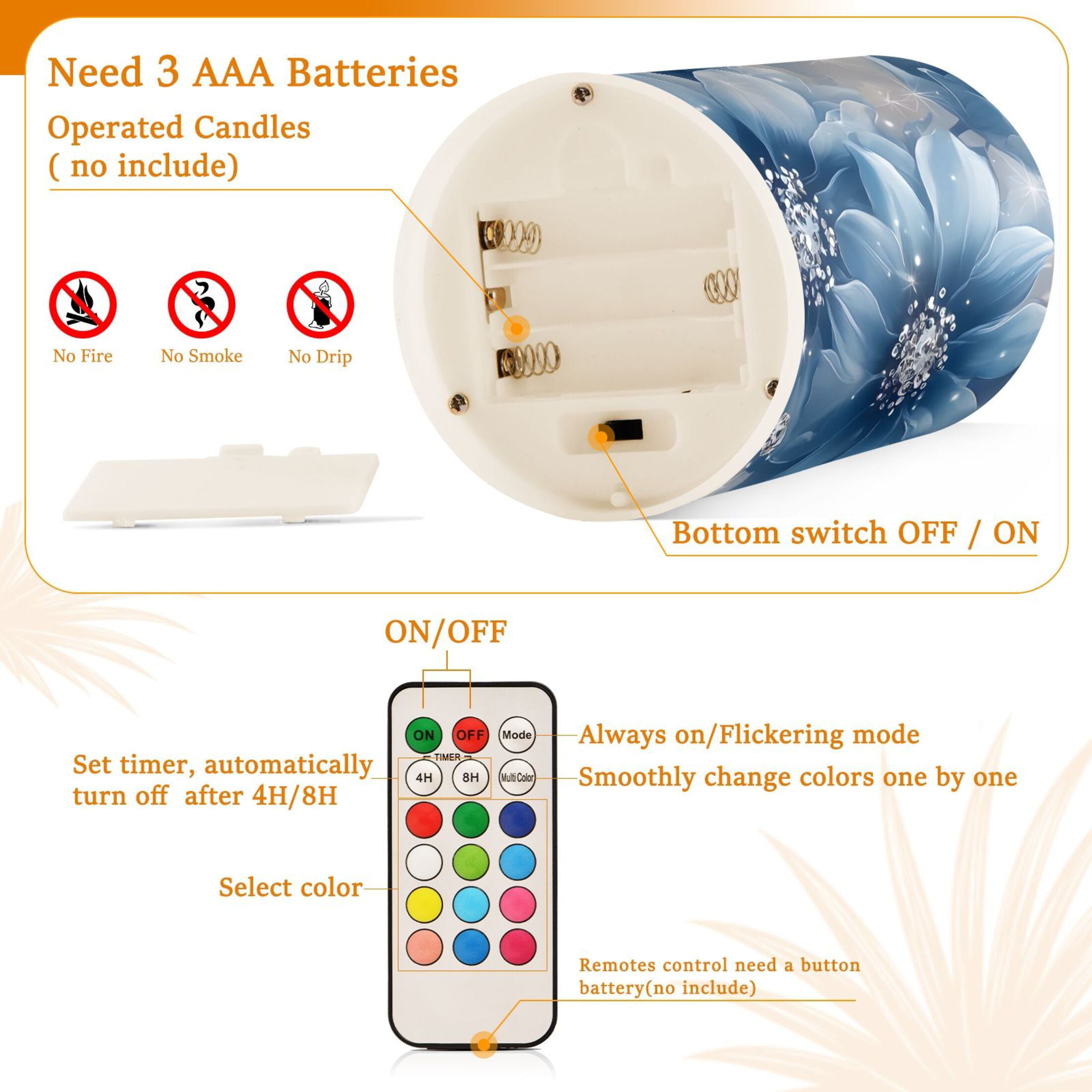 Blue Butterflies Flowers Clouds Flickering Flameless Candles LED Tealight Battery Operated with Remote Set of 2 Holiday Decor Ornaments