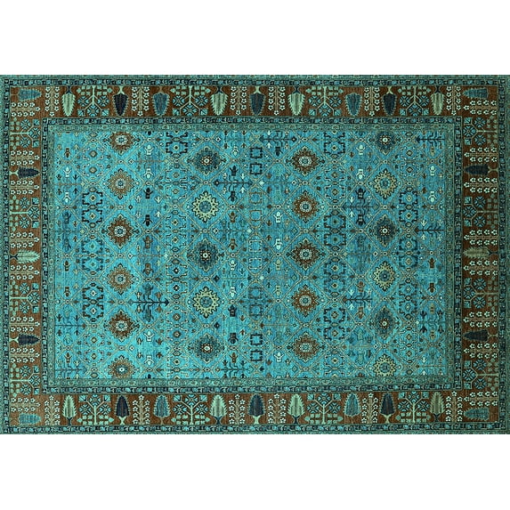 Ahgly Company Machine Washable Indoor Rectangle Oriental Turquoise Blue Industrial Area Rugs, 7' x 9'