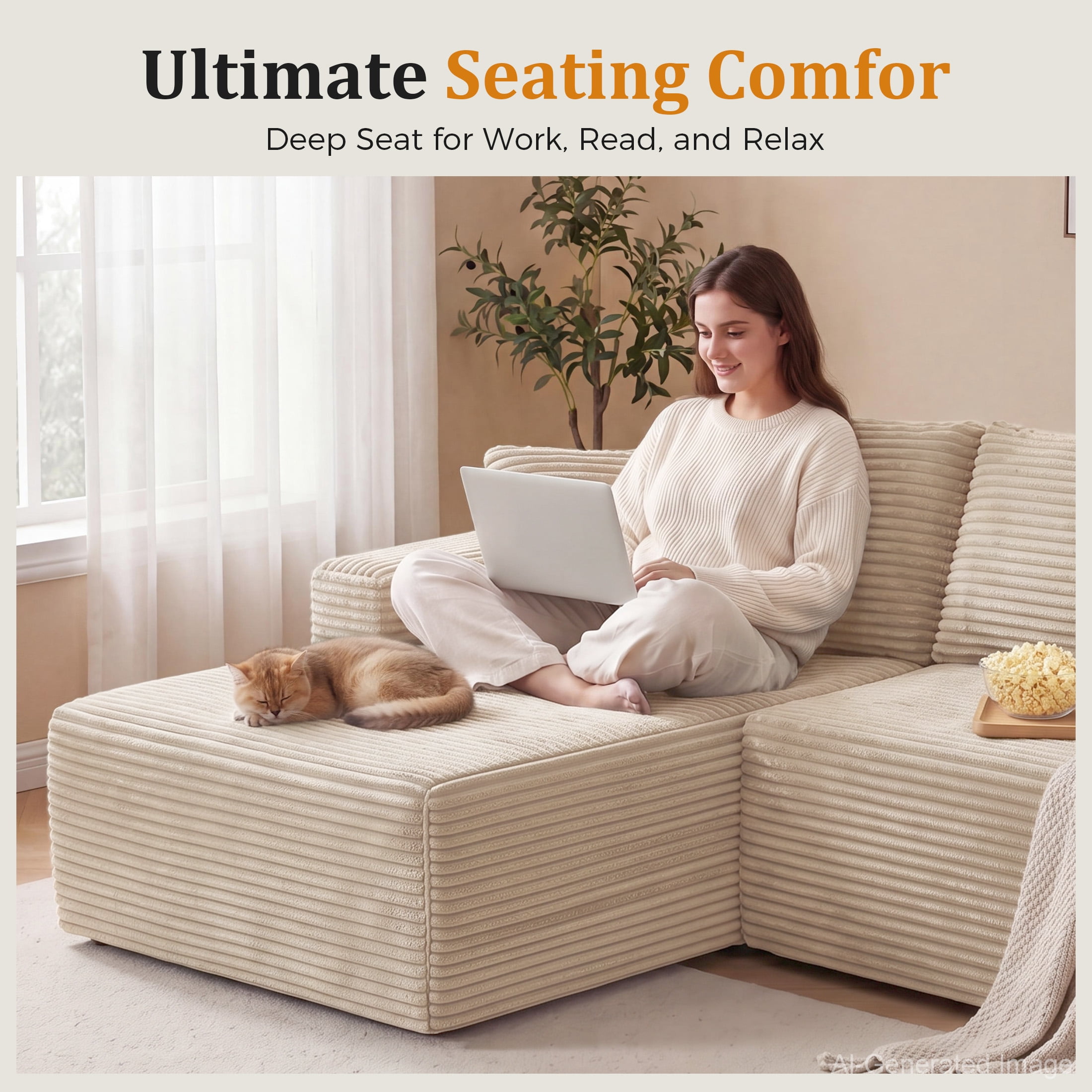 Aenkyo 106 Inch Corduroy L-Shaped Cloud Sectional Sofa with Reversible Chaise, Camel