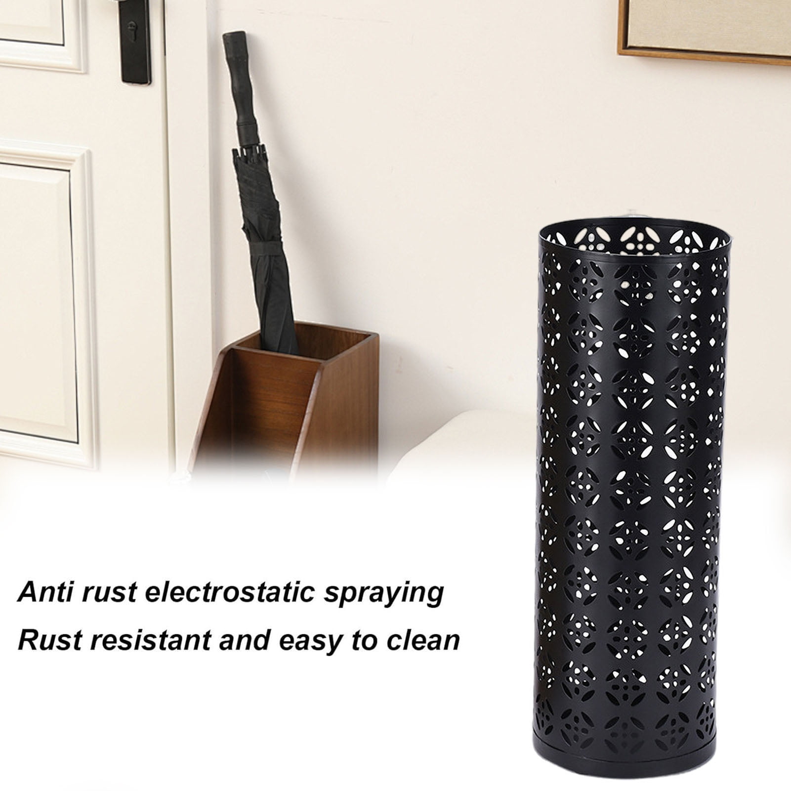 Opvise Umbrella Stand Rack Rustproof Corrosion Resistant Compact Design Metal Hollowed Freestanding Round Umbrella Holder Organizer Bin