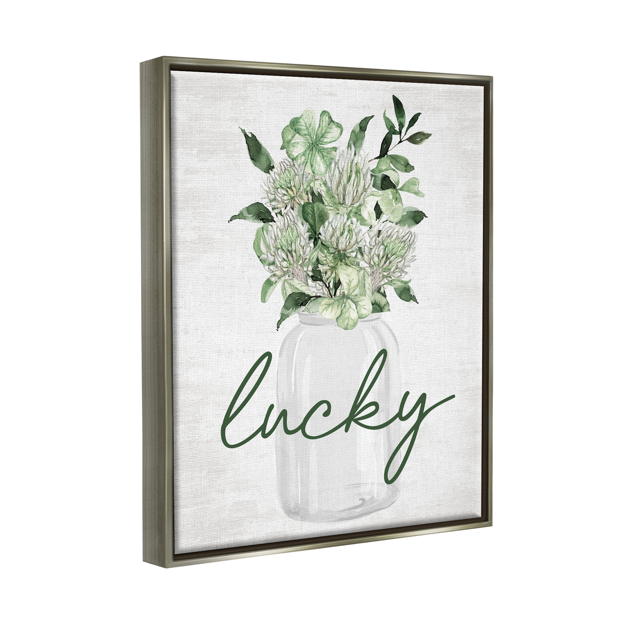 Stupell Industries Lucky Clover Herb Bouquet Botanical & Floral Painting Gray Floater Framed Canvas Art Print Wall Art, 17 x 21