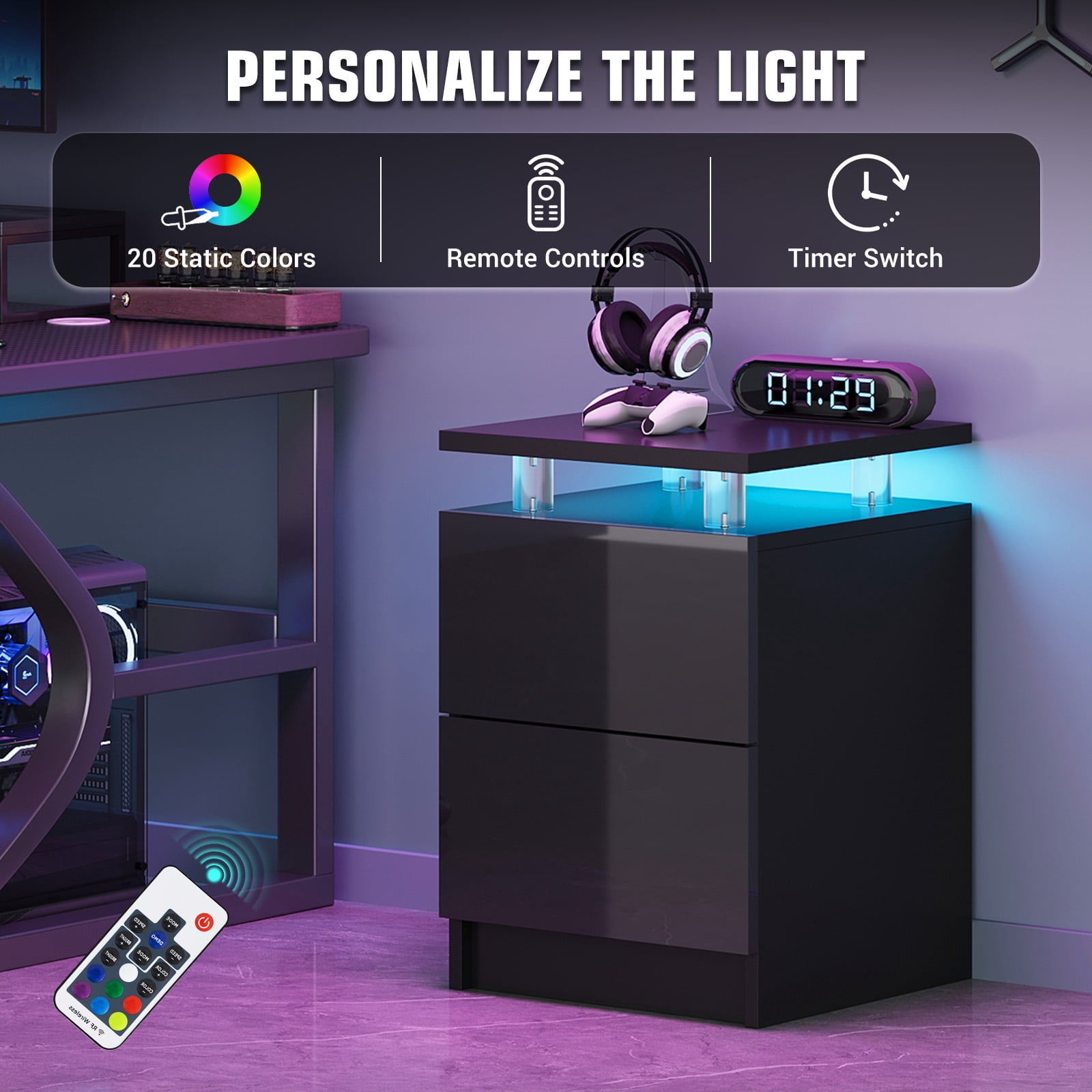 BaPiPro LED Nightstand Set of 2, Modern LED End Table with 2 Drawers, Bedside Table with Lighting for Bedroom, Living Room, Black