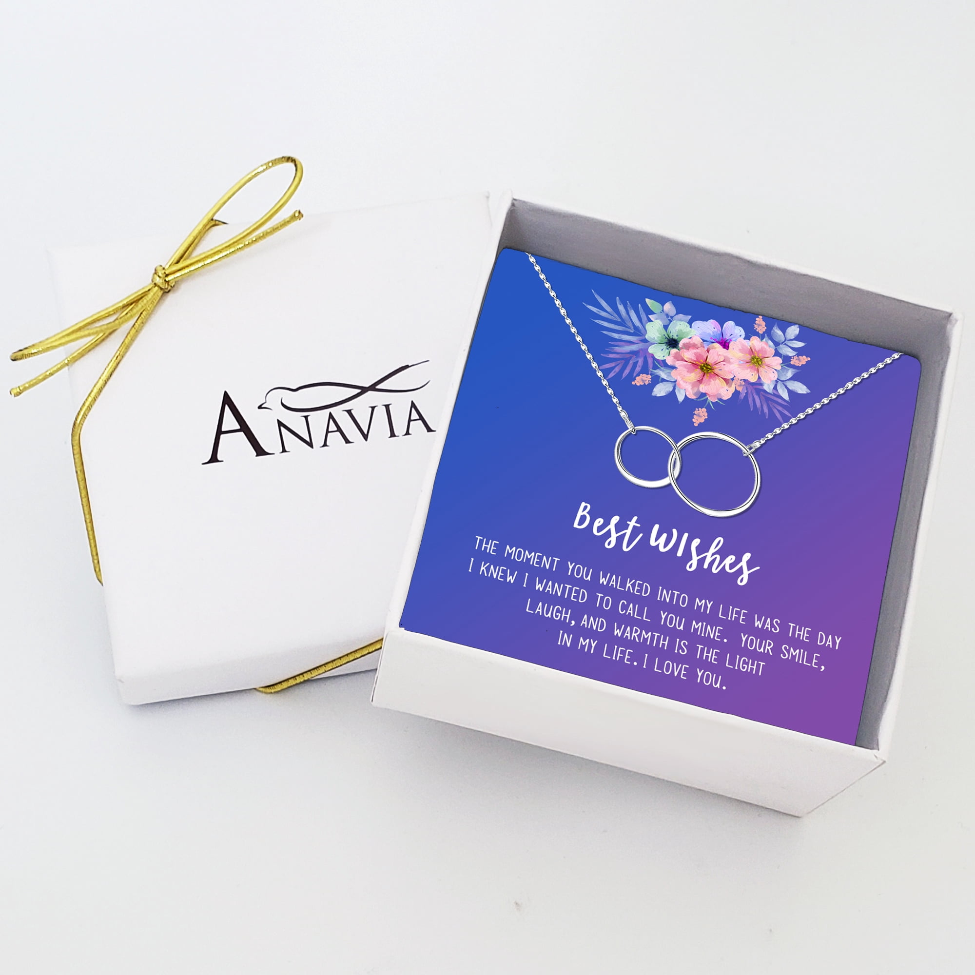 Anavia Best Wishes Gift Card High Quality Stainless Steel Fashion Necklace for Her, Girlfriend Gift, Wife Gift, Gift for Fiancee-[Silver Infinity Double Ring, Blue-Purple Gift Card]