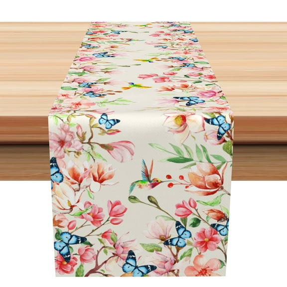 SUNOLIFE Pink Floral Table Runner,Birds and Butterfly Kitchen Dining Table Decorations 13 x 72 Inch