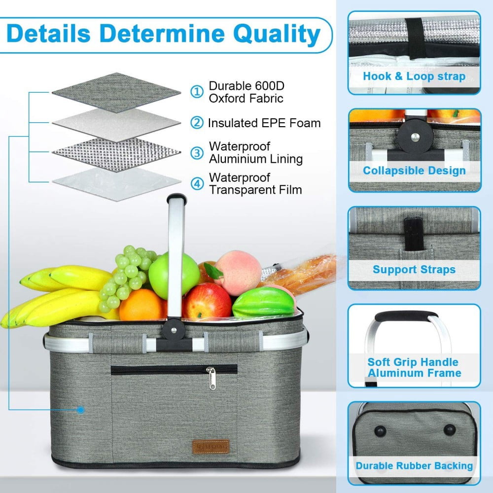 35L Large 2 Layers Picnic Basket Waterproof Thermal Insulation Foldable Aluminum Alloy Frame with Removable Inner Bag for Picnic Camping Fishing Shopping Kitchen Car Trunk