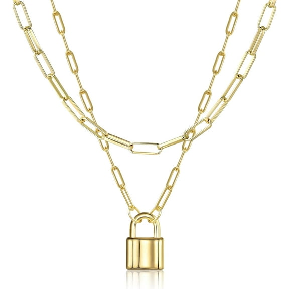 14K Gold Plated Lock Necklace For Women Paperclip Link Chain Padlock Necklace Non-Tarnish[o6165]