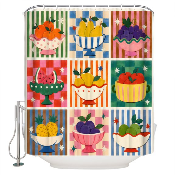 Fruit Patchwork Bathroom Shower Curtains with 12 Hooks Polyester Waterproof Shower Curtain for Stalls and Bathtubs Modern County Funny Fruits Striped Decorative Bathroom Privacy Curtain 36x78 Inches