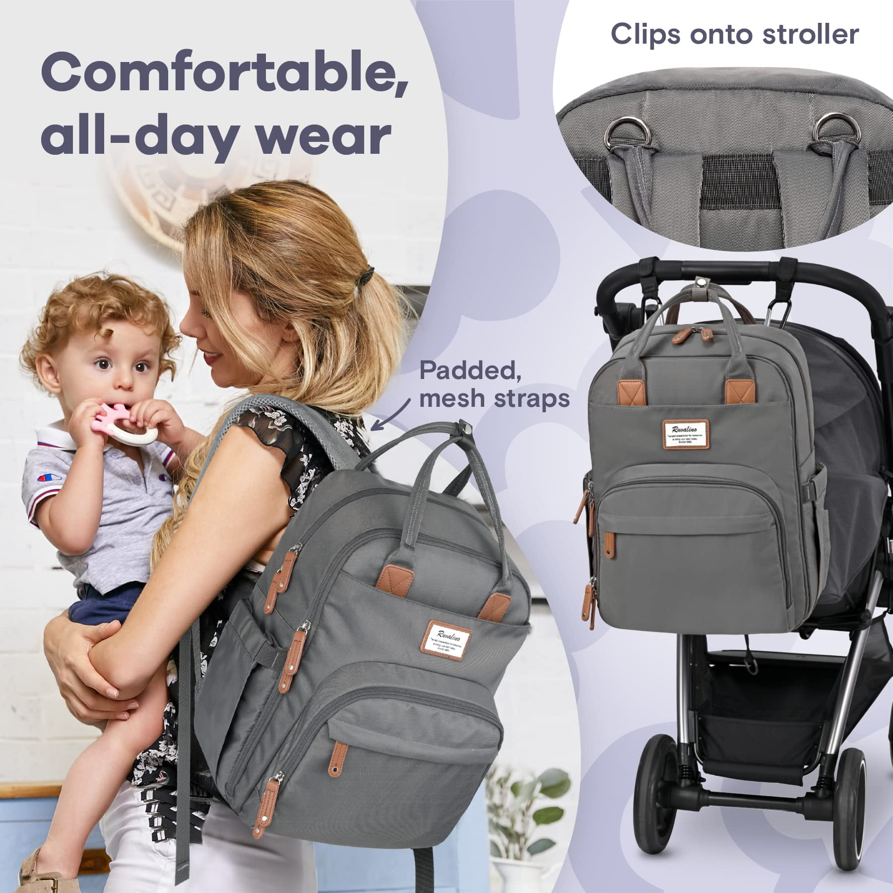 RUVALINO Diaper Bag Backpack - Multifunctional Travel Maternity Baby Changing Bag - Iron Gray