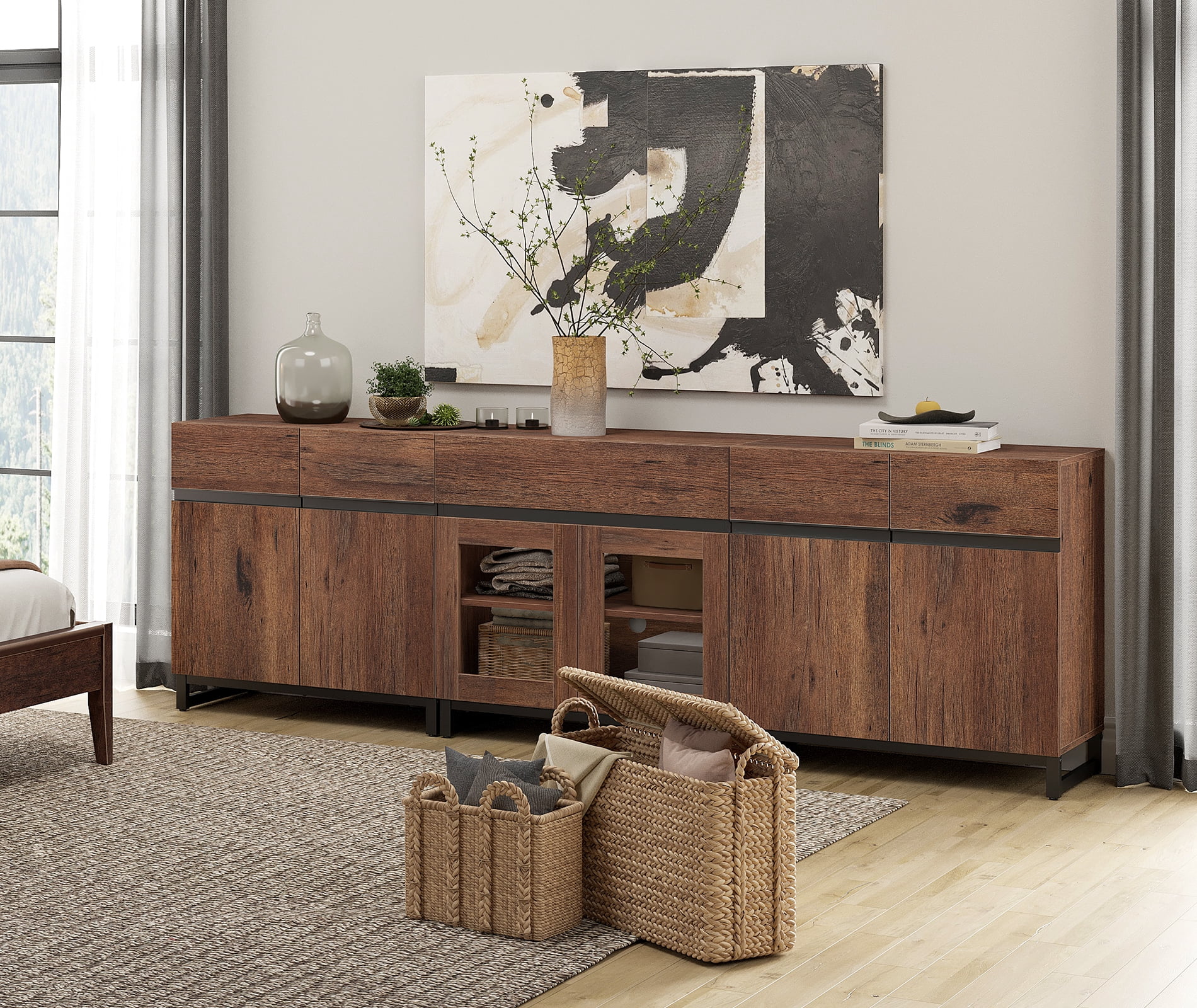 3 In 1 Modern Dresser with Glass Doors, Adjustable Shelves and Drawer, Metal Base Storage Cabinet, Multifunctional Chest Of Drawers for Bedroom Home Storage,Brown