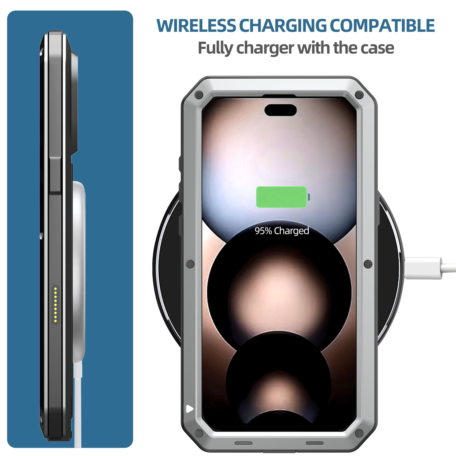 Dteck for iPhone 17 Pro Max (2025) Case, Heavy Duty Metal Full Body Protective Cover Shockproof Aluminum Alloy Cover with Silicone Built-in Screen Protector, Silver