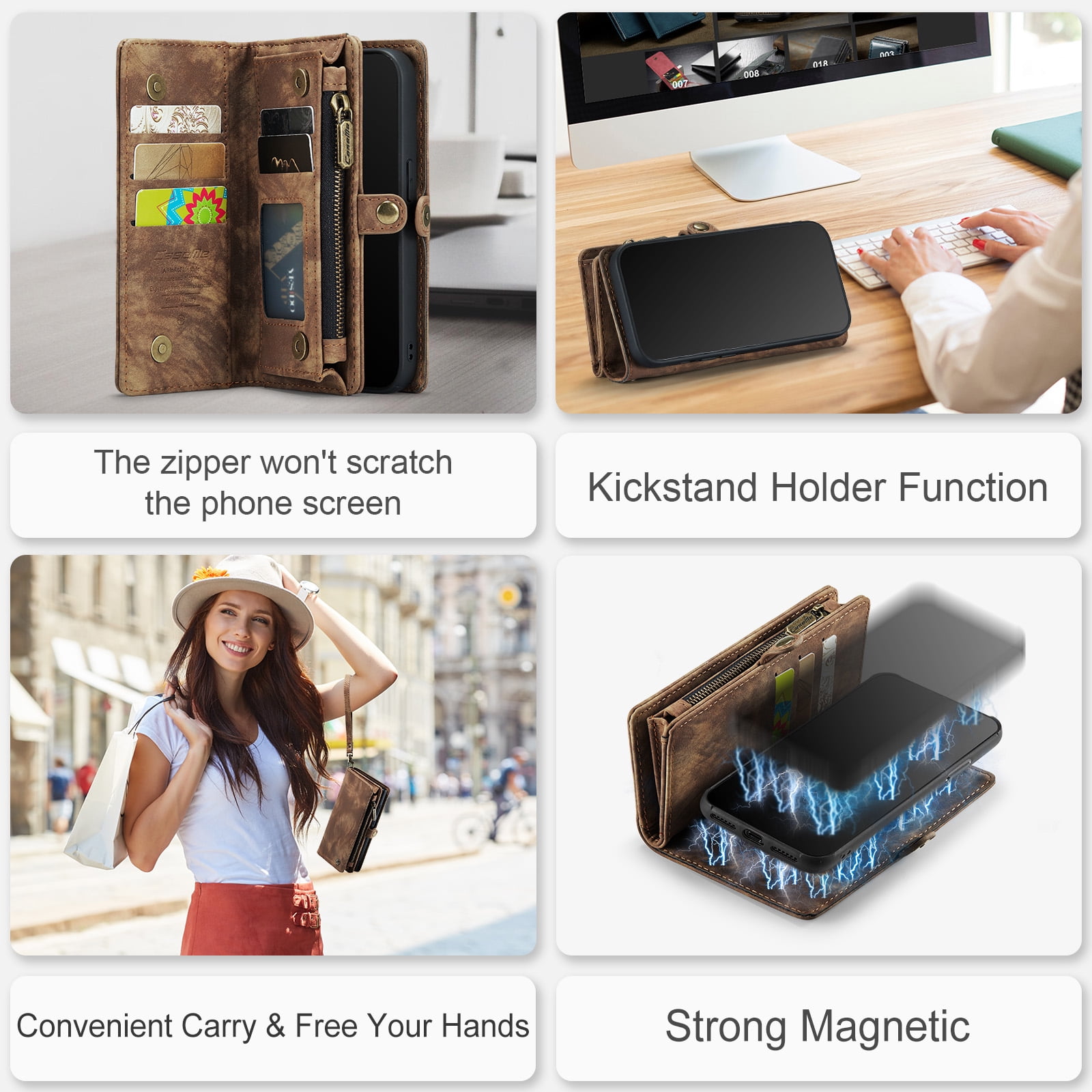 Feishell Durable 2-In-1 Magnetic Detachable Wallet Case for iPhone 7/8/SE 2020/SE 2022,for Women Men,Premium PU Leather Zipper Pocket Flip Multi Card Slots Purse Phone Case with Wrist Strap,Darkbrown