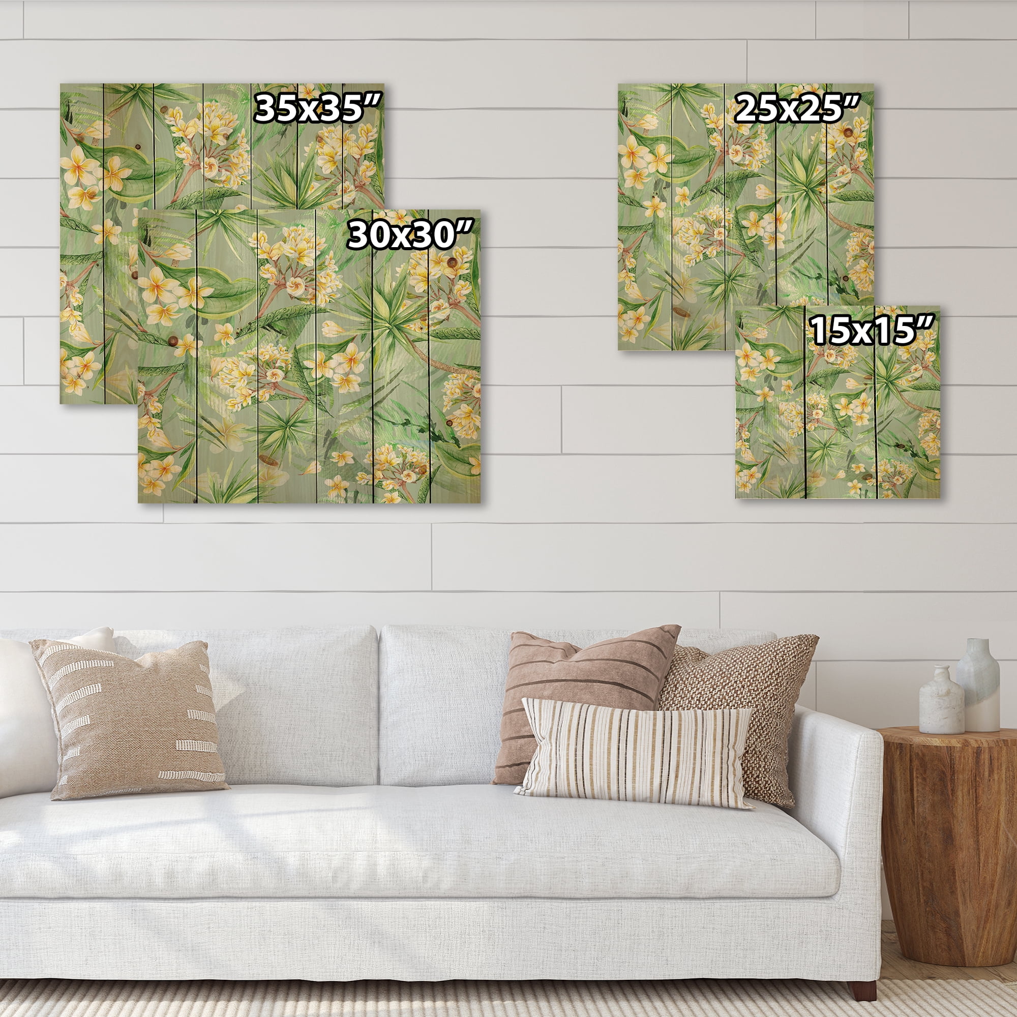 Designart 'Yellow Flowers and Tropical Foliage XIV' Modern Print on Natural Pine Wood