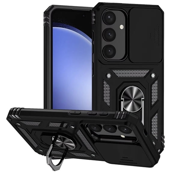 For Samsung S24 FE SM-S721U1 Camera Push Magnetic Ring Hybrid Kickstand Cover Cell Phone Case with Tempered Glass - Black