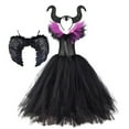 thumbnail image 2 of IDOPIP Girls Magnificent Witch Halloween Costume Black Gown with Horns Headpiece Feather Wings Outfits Set for Toddler Kids Baby Girl Fancy Dress up Cosplay 5-6 Years Black Purple Long, 2 of 10