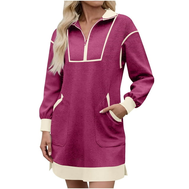 Kyusrd Robe Tunique d'Automne pour Femmes Mini Robe Chemise de Sport pour Femmes Jupe avec Demi-Fermeture Éclair Col en V Manches Longues Robe Décontractée de Couleur Contrastante