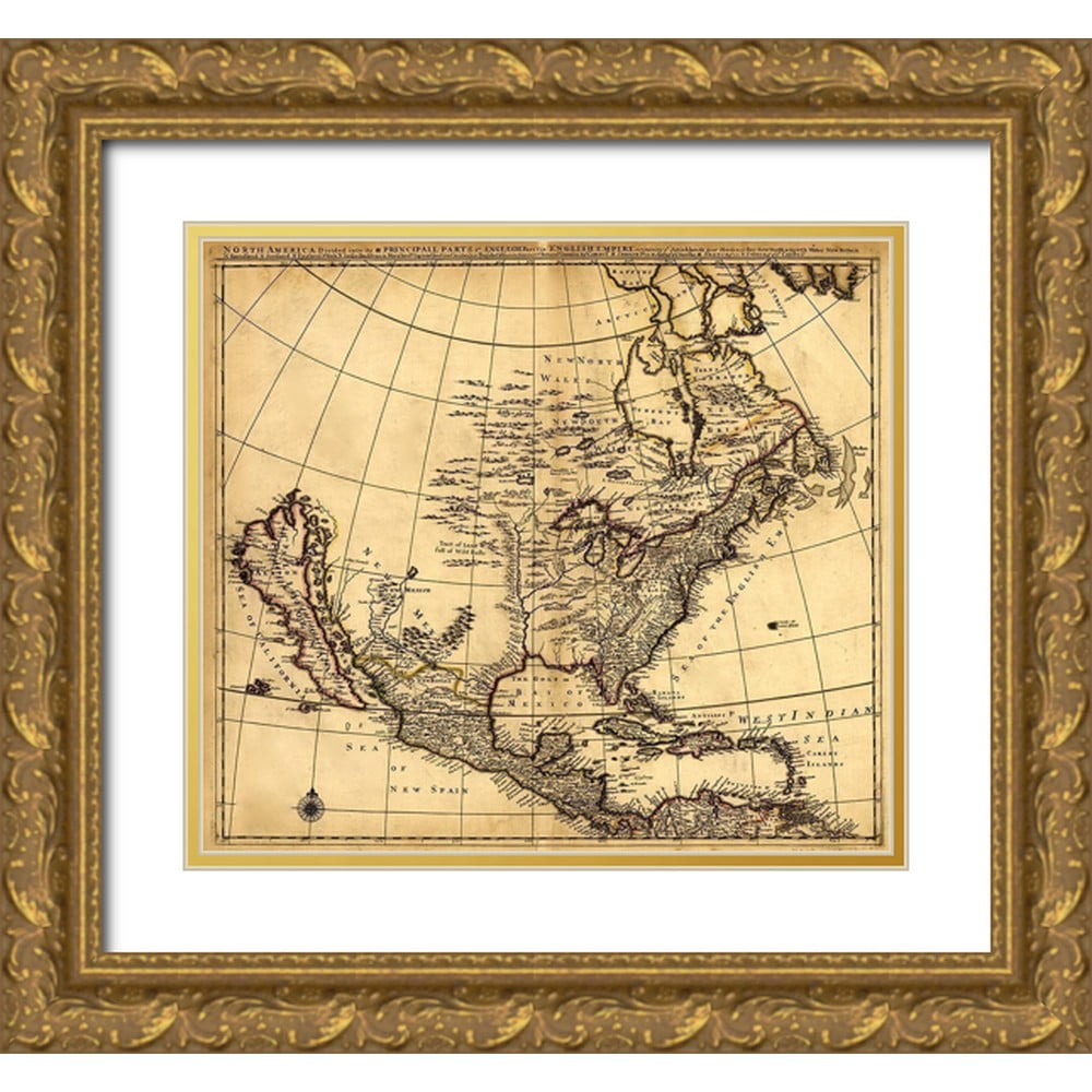Vintage Maps 16x15 Gold Ornate Wood Framed with Double Matting Museum Art Print Titled - North America Divided into it 3 Principal Parts