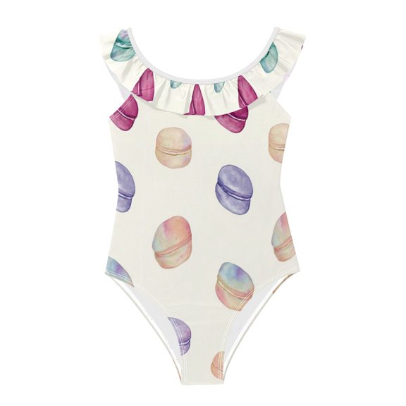 Girls Ruffled One Piece Swimsuit Summer Beach Vacation Swimwear Tank Swimsuit Macaron Pattern