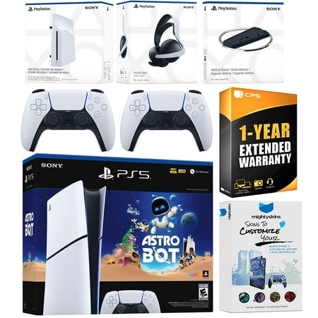 Sony PlayStation 5 Astro Bot Slim Digital Bundle with Disc Drive, Pulse Elite Headset, Extra Controller, Vertical Stand, MightySkins Voucher and 1 Year Extended Warranty - Glacier White