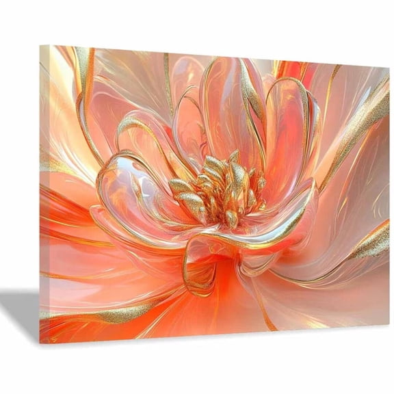 Mudket Peach and Gold Crystal Flower Canvas Wall Art, Framed Floral Print, Ready to Hang Wall Decor for Living Room Bedroom, Elegant Abstract Artwork - 12"L x 8"W