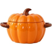 64oz Ceramic Pumpkin Soup Bowl with Lid - Halloween & Thanksgiving Dutch Oven, Microwave & Dishwasher Safe, Orange Pumpkin Casserole Dish for Cooking, Serving & Party Decor