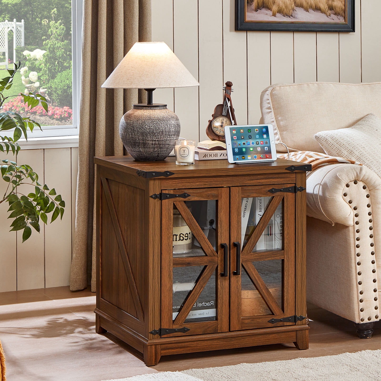 Joaxswe 24" Farmhouse End Tables for Living Room with Charging Station, Nightstand for Bedroom with Drawer, Square Bedside Table for Living, Brown