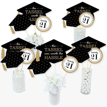 Big Dot of Happiness Gold - Tassel Worth The Hassle - 2021 Graduation Party Centerpiece Sticks - Table Toppers - Set of 15