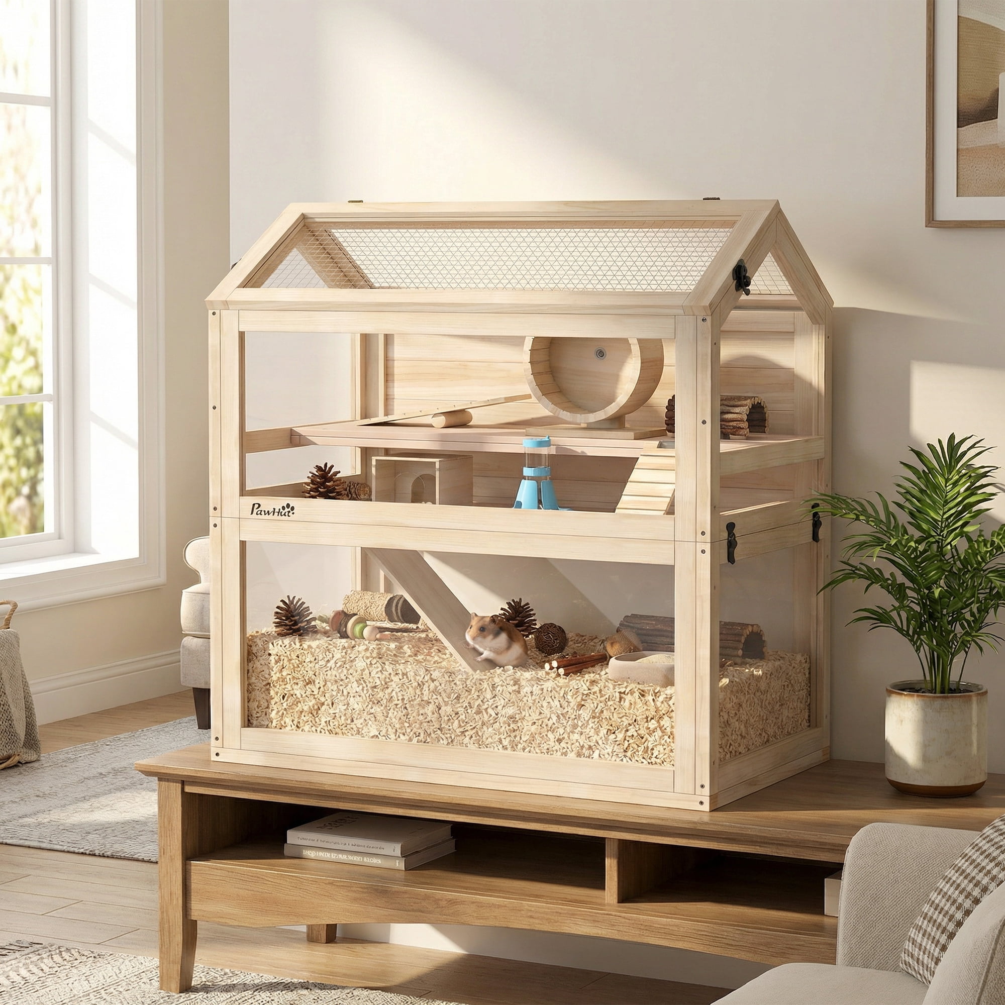 PawHut Wooden Hamster Cage, 3-Tier Small Animal Cage with Hut, Seesaw, Ramps, Exercise Wheel, Acrylic Panel and Bottom Tray