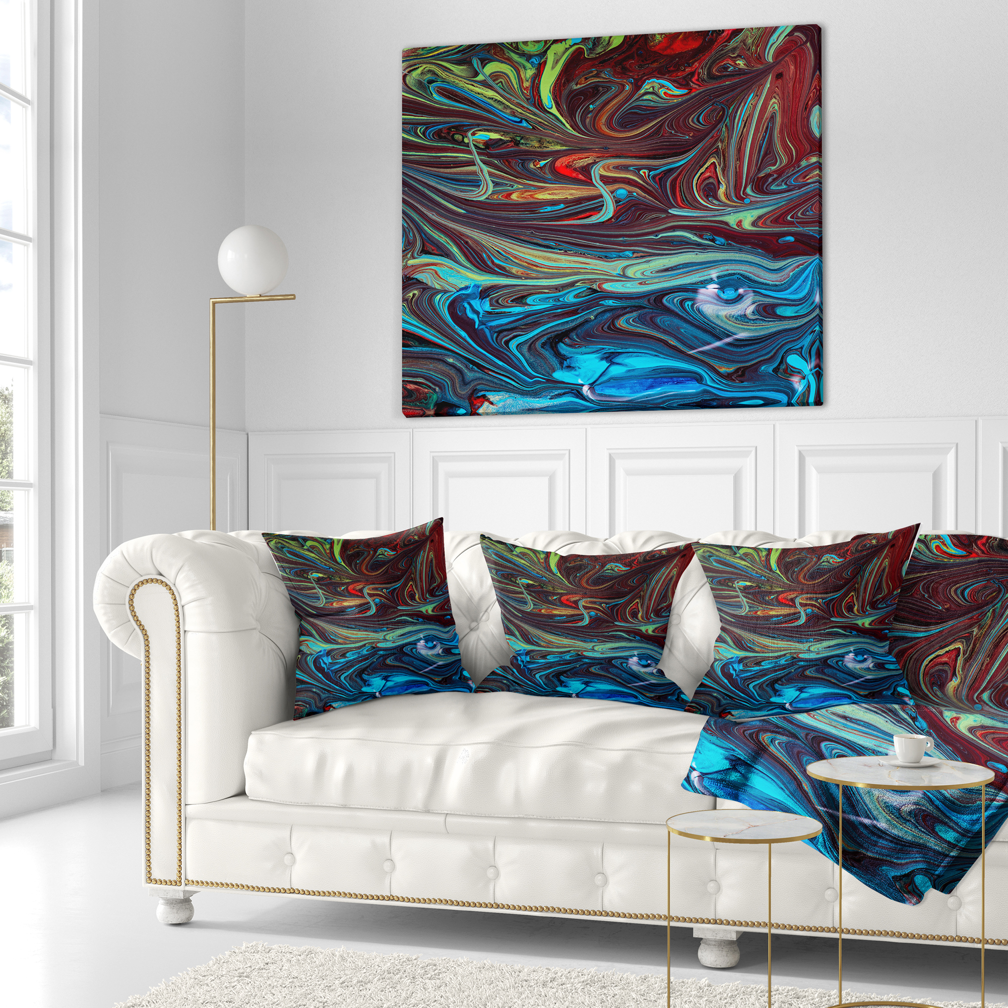Designart Red Blue Abstract Acrylic Paint Mix - Abstract Throw Pillow - 18x18