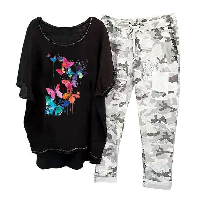 Ensembles d'Été pour Femmes 2023 Ensemble Imprimé Col Rond Manches Mi-Longues Pull + Pantalon 2 Pcs en Solde