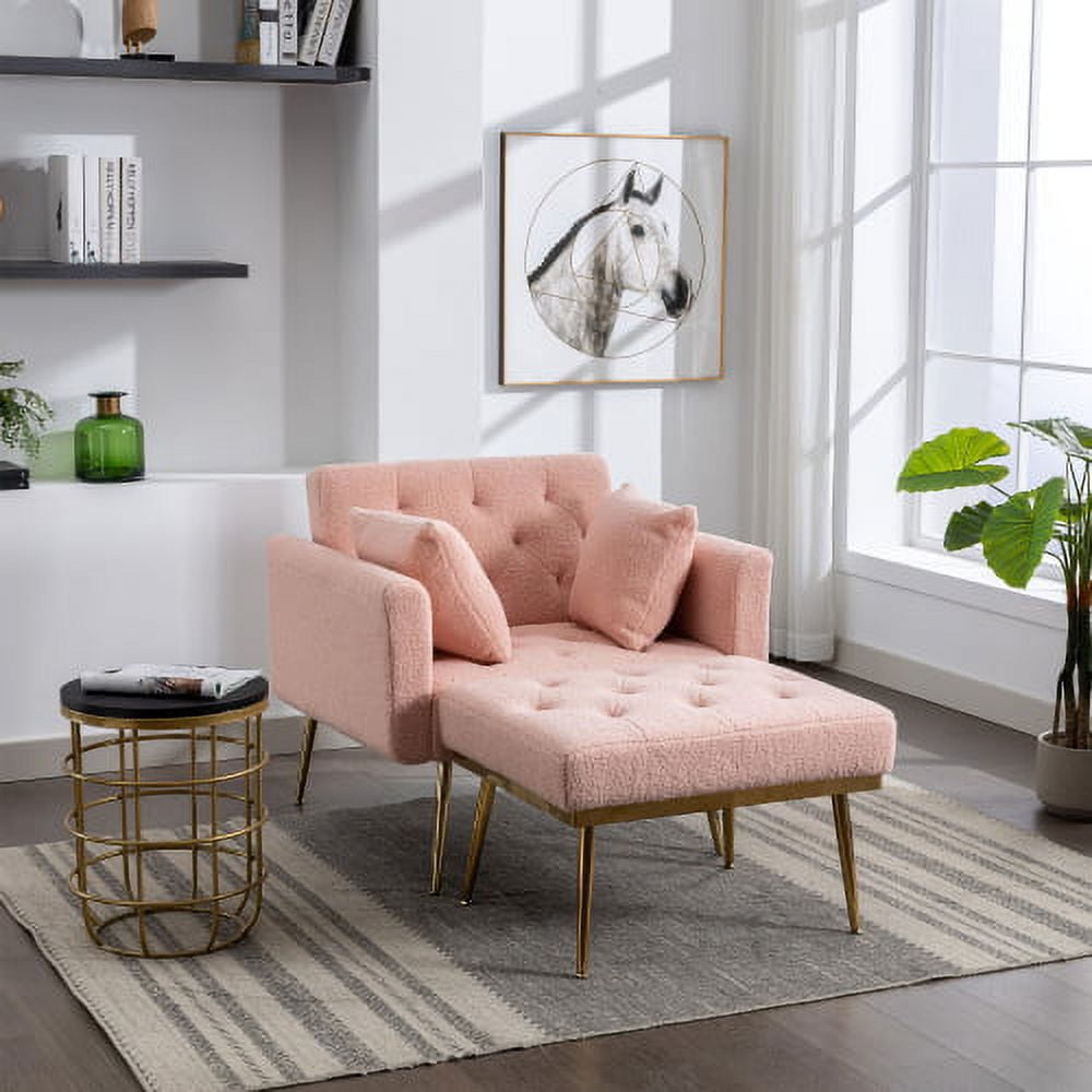 BSHTI36.61'' Wide Modern Accent Chair With 3 Positions Adjustable Backrest, Tufted Chaise Lounge Chair, Single Recliner Armchair Gold Legs For Living Room, Bedroom (Pink)