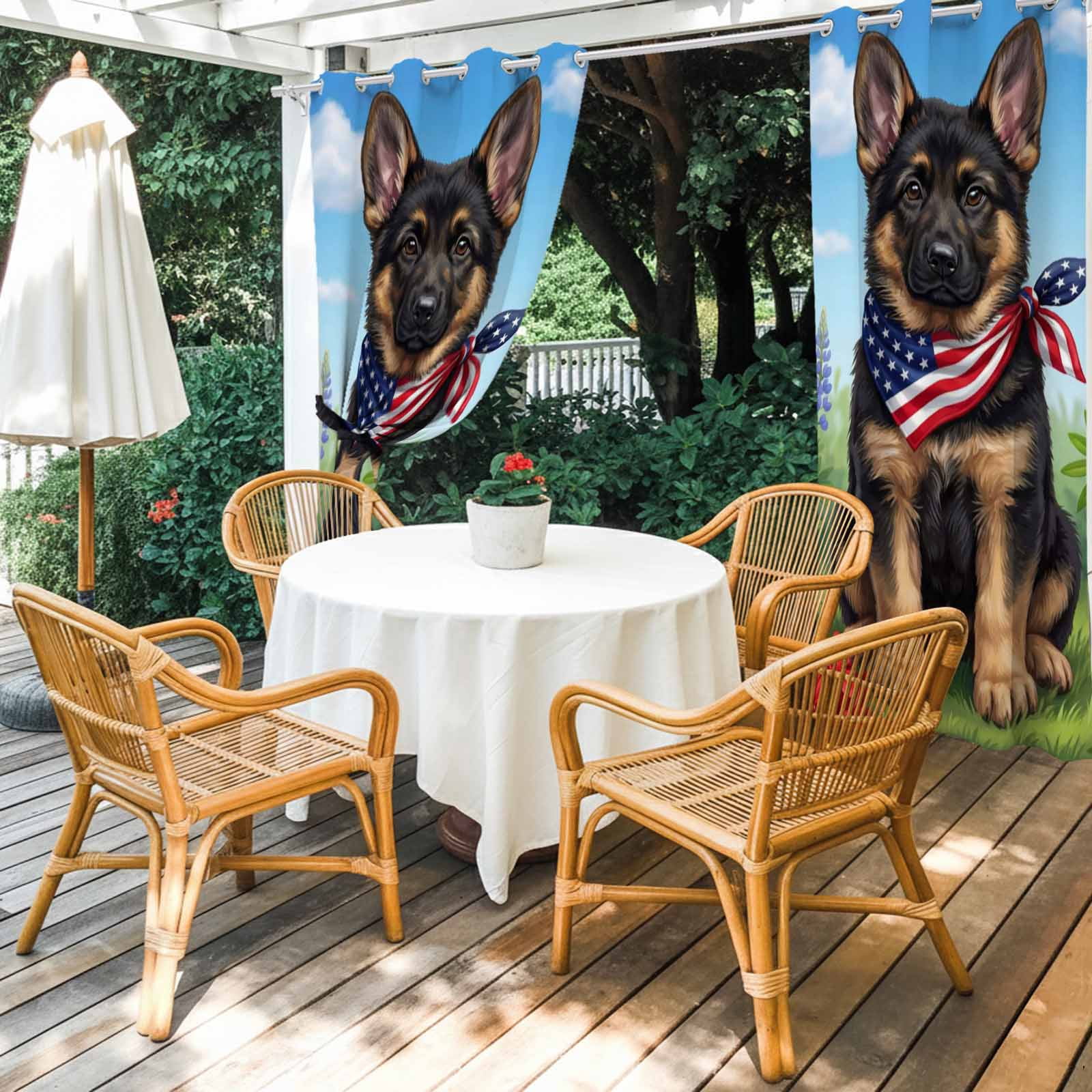 Independence Day Outdoor Curtains for Patio, American Flag Cute Dog Puppy Colorful Flowers Sunshade Privacy Drapes Grommet Waterproof Outside Curtains for Porch/Cabana/Balcony 54"x 108", 1 Panel