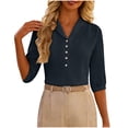 thumbnail image 3 of Camisetas de Manga Larga para Mujeres Cuello en V 3/4 Manga Botón Placa Girar Abajo Cuello Superior, 3 of 6
