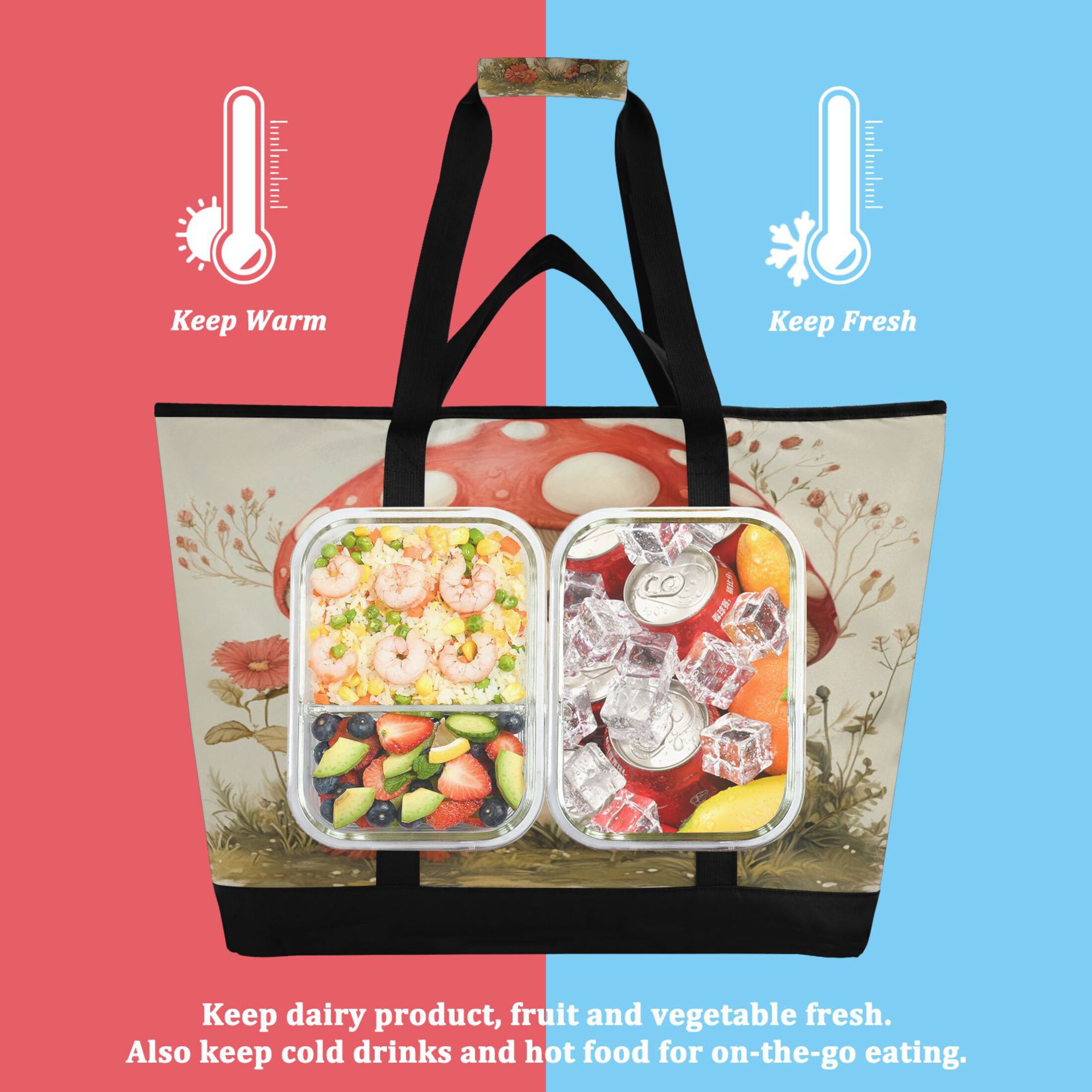 Large Hand-held Ice Pack Picnic Bag Insulation and Refrigeration Suitable for Shopping Picnics and Camping A Cartoon Mushroom