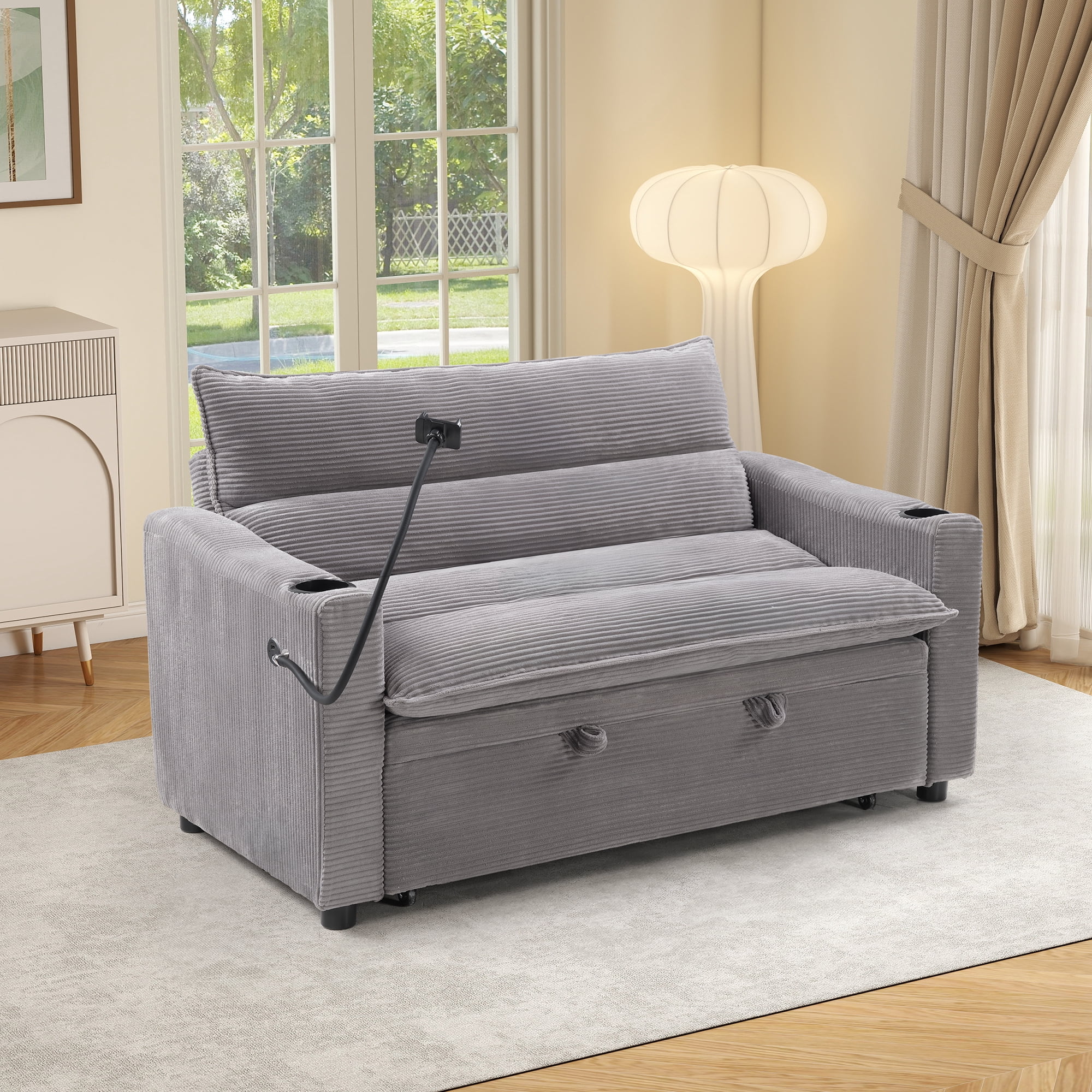 Ebello 3-in-1 Sleeper Sofa Bed, Corduroy Convertible Pullout Futon Couch with Adjustable Backrest, Phone Holders & USB Ports for Apartment, Small Space, 2-Seat(Gray)