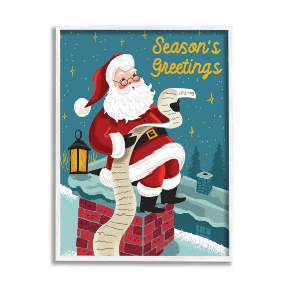 Season's Greetings Santa's List Chimney Holiday Graphic Art White Framed Art Print Wall Art