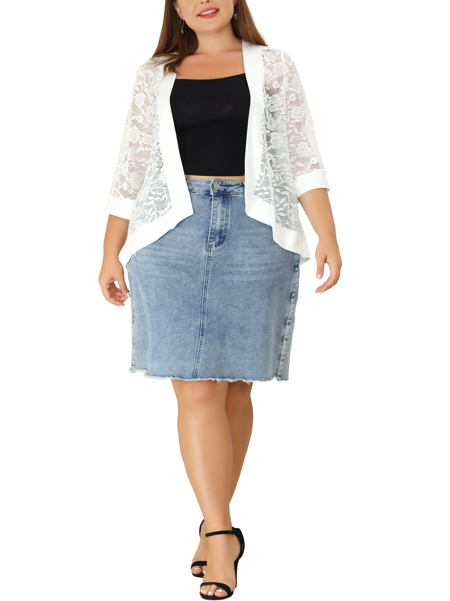 Cardigan Ouvert En Dentelle Pour Femme Grande Taille 4XL - Noir à Manches Mi-Longues & Hausseur D'Épaules