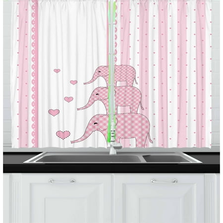 Pink Stripe Curtain Elephant Nursery Curtains 2 Panels Set, Vertical Striped Backdrop with Cute Pink Animals with Hearts Retro, Window Drapes for Living Room Bedroom, 55W X 39L Inches, Pale Pink White, by Ambesonne ()